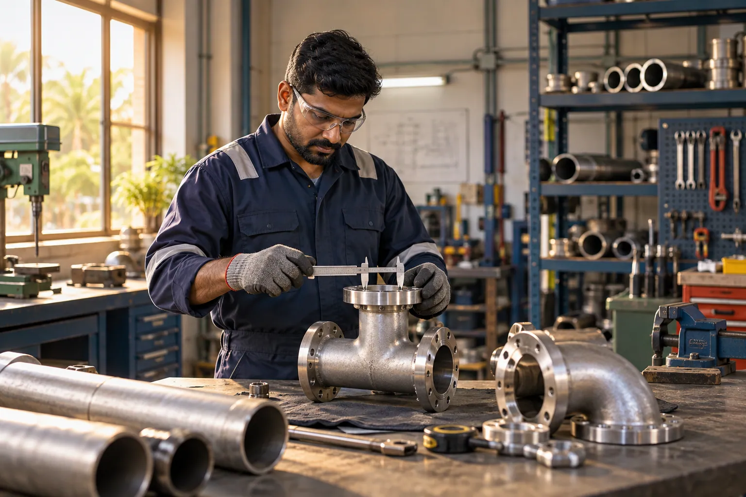 Illustration of a pipe fitter measuring a metal pipe fitting in a workshop.