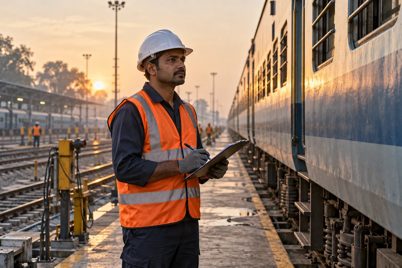 Illustration of a railway technician beside a stationary passenger train in an Indian depot.