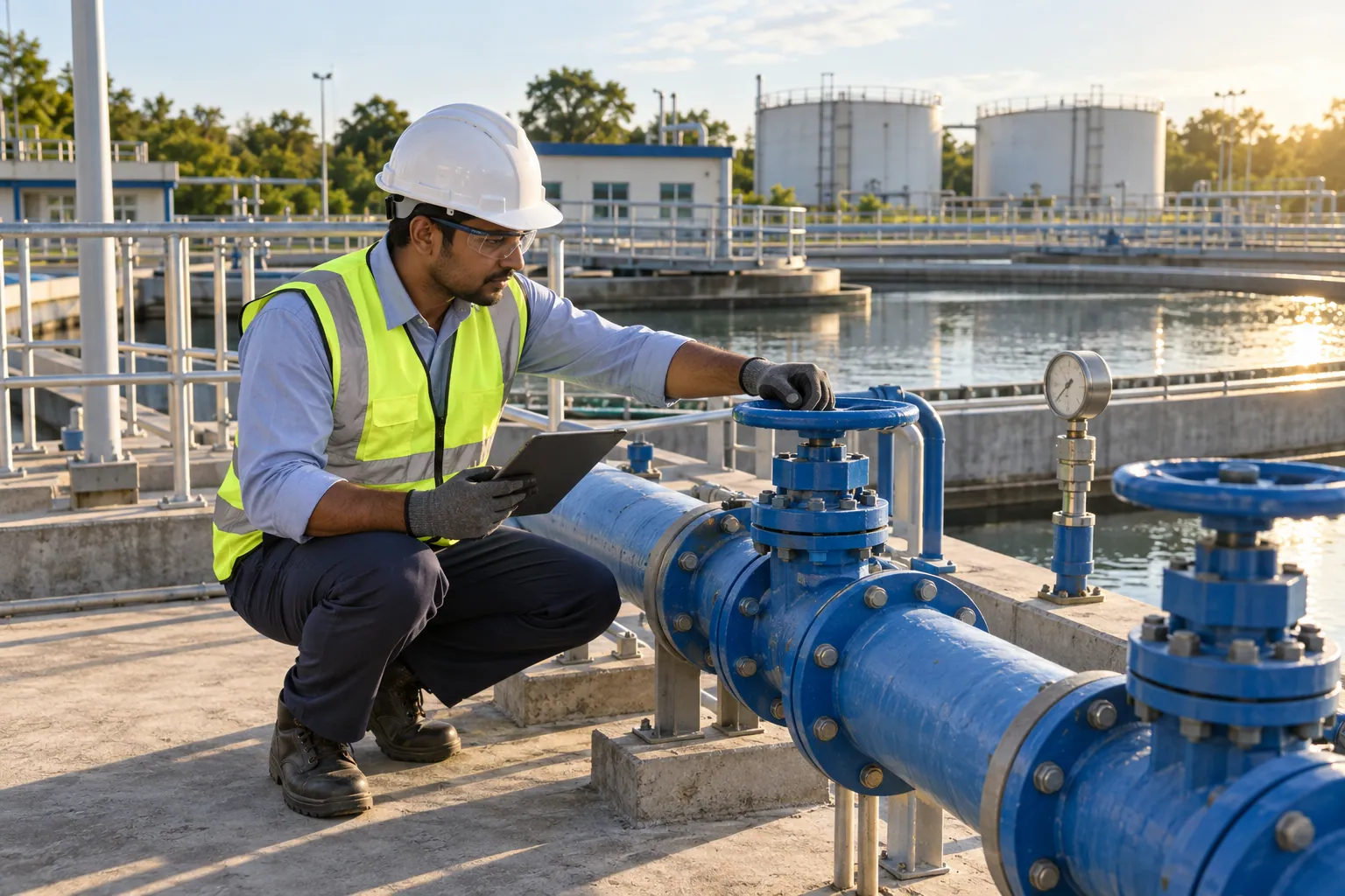 Illustration of a water-system technician inspecting blue pipes and valves.
