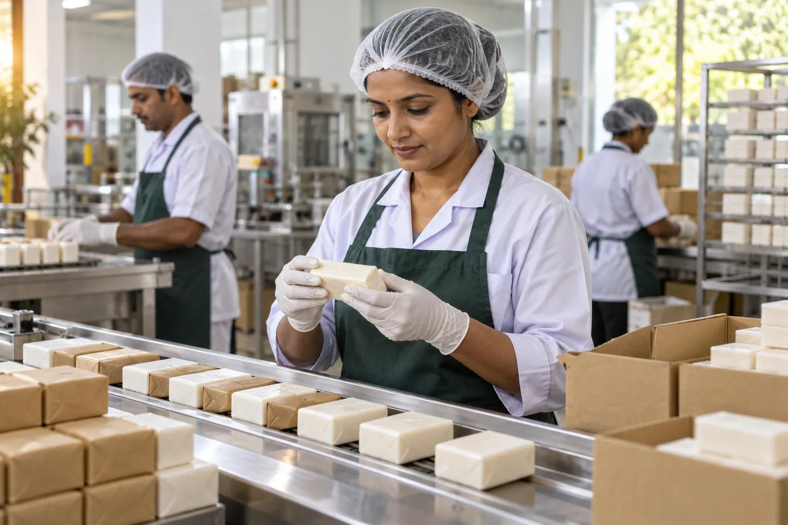 Illustration of a factory worker inspecting packaged soap on a production line.