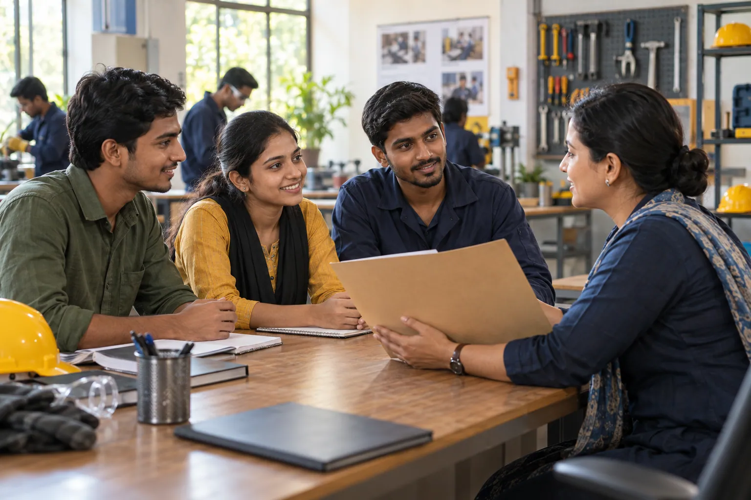 Illustration of adult jobseekers discussing training and work with a career adviser.