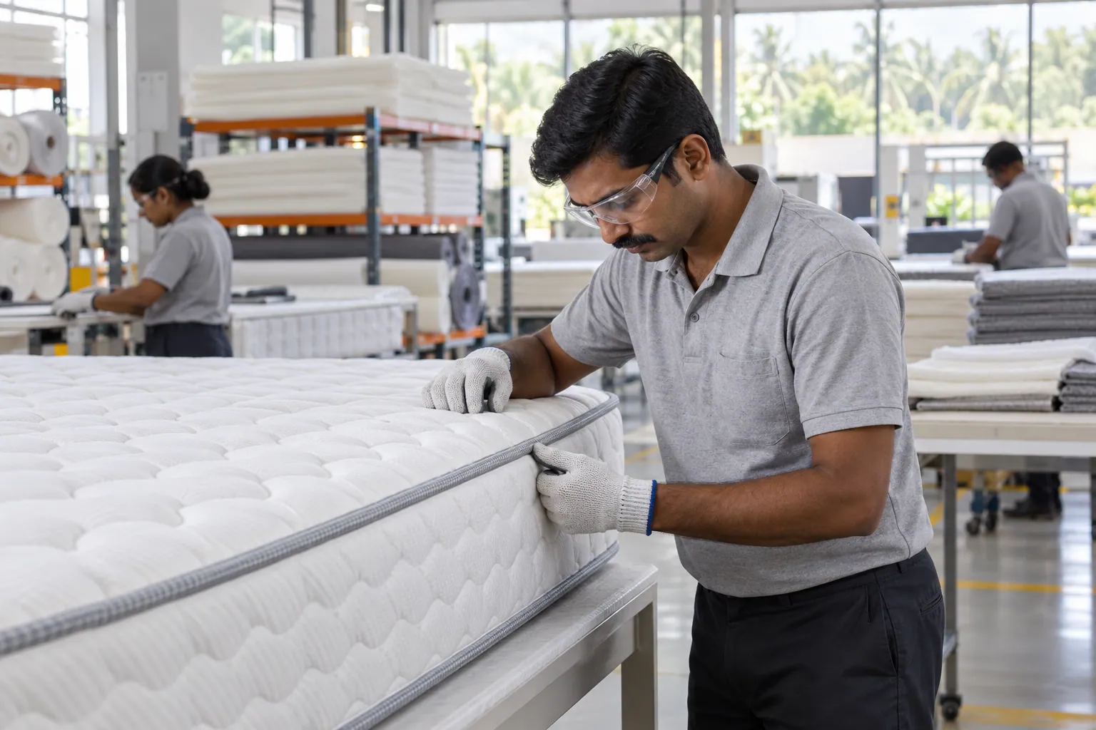 Illustration of a mattress worker inspecting stitching on a quilted mattress.