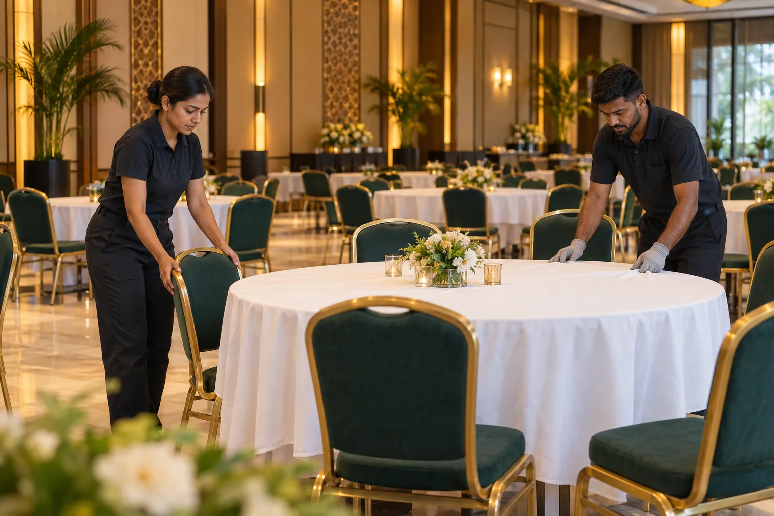 Illustration of event staff arranging tables and chairs in a banquet hall.