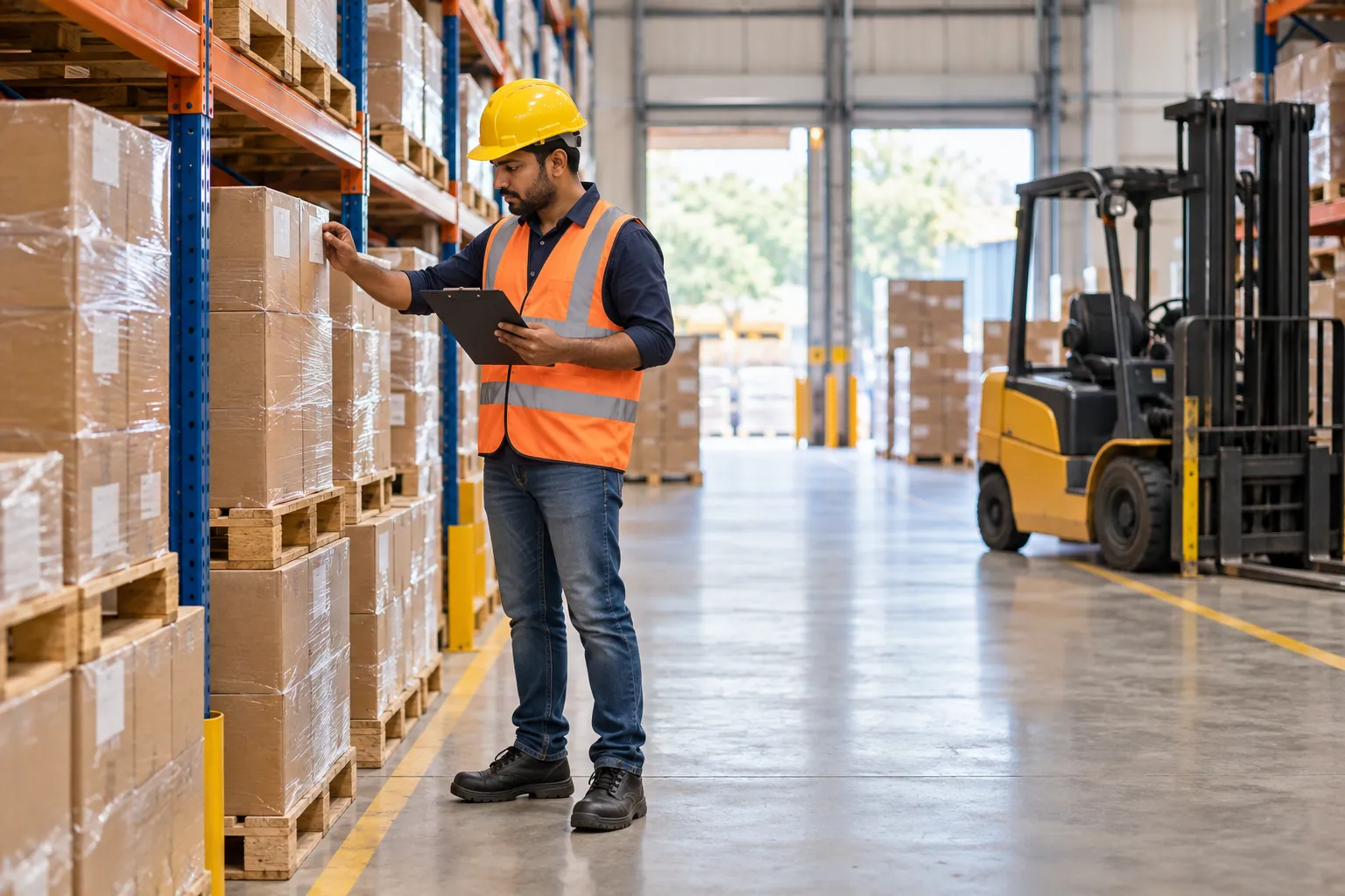 Illustration of a warehouse helper checking boxes beside a safely parked forklift.