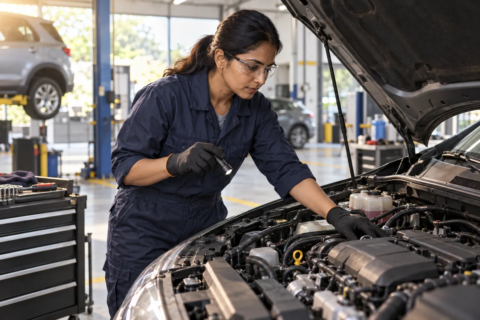 Illustration of an automotive technician inspecting a car engine in a garage.